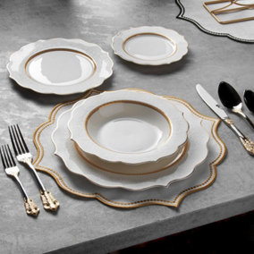 KONIGTUM Luxury White and Gold 24 Piece New Bone China Dinnerware Set for 6 People KOV-MP