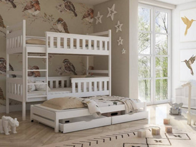 Kors Contemporary Pine Bunk Bed with Trundle Bed 2 Storage Drawers in White (L)1980mm (H)1640mm (W)980mm