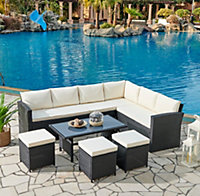 Kos Rattan Corner Group Garden Furniture Set Outdoor Coffee Table Sofa Stool Set, Black