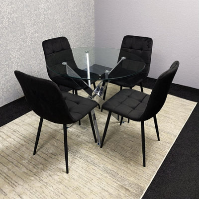 Kosy Koala Round Glass Dining Table Set With 4 Black Velvet Chairs ...