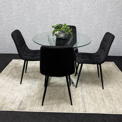 Kosy Koala Round Glass Dining Table Set With 4 Black Velvet Chairs ...