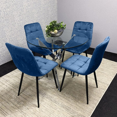 Kosy Koala Round Glass Dining Table Set With 4 Blue Velvet Chairs ...