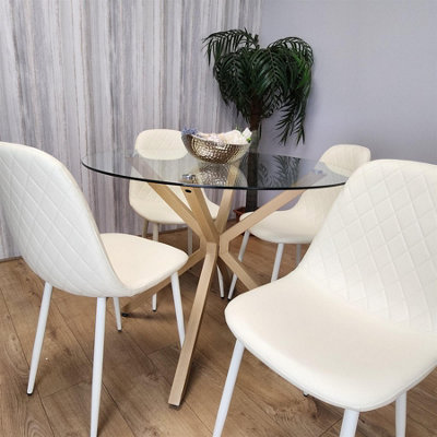 Kosy Koala Round Glass Dining Table Set With 4 Cream Gem Pattern Chairs ...
