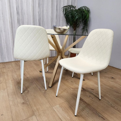 Kosy Koala Round Glass Dining Table Set With 4 Cream Gem Pattern Chairs ...