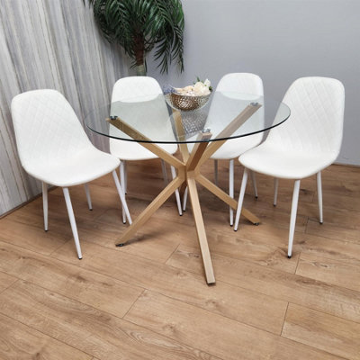 Kosy Koala Round Glass Dining Table Set With 4 White Gem Pattern Chairs ...