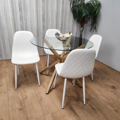 Kosy Koala Round Glass Dining Table Set With 4 White Gem Pattern Chairs ...