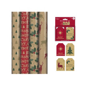 Kraft Brown Eco Christmas Gift Wrapping Paper 4 x 4M Rolls + Tags Stag Tree Holy