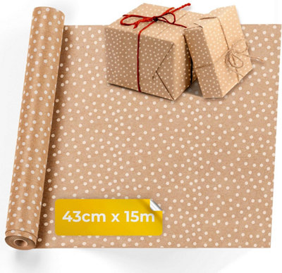 Kraft Gift Wrapping Paper - 15M x 43CM Polkadots with Strings - Multipurpose Brown Paper Roll for Parcel Packing