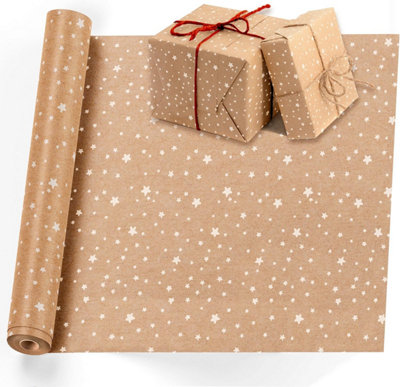 Kraft Gift Wrapping Paper - 15M x 43CM Stars with Strings - Multipurpose Brown Paper Roll for Parcel Packing