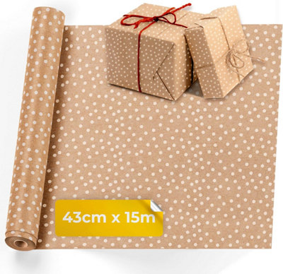 Kraft Wrapping Paper - 15M x 43CM Premium Gift Wrapping Paper Roll Polkadots Patterned with Strings - Brown Paper Roll for