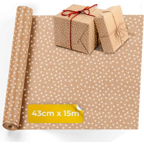Kraft Wrapping Paper - 15M x 43CM Premium Gift Wrapping Paper Roll Polkadots Patterned with Strings - Brown Paper Roll for