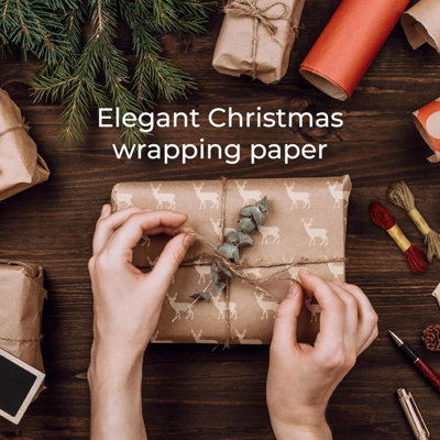 Kraft Wrapping Paper - 15M x 43CM Premium Gift Wrapping Paper Roll Reindeer Patterned with Strings - Brown Paper Roll Used