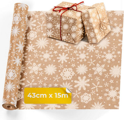 Kraft Wrapping Paper - 15M x 43CM Premium Gift Wrapping Paper Roll Snowflakes Patterned with Strings - Brown Paper Roll for