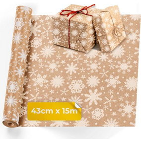 Kraft Wrapping Paper - 15M x 43CM Premium Gift Wrapping Paper Roll Snowflakes Patterned with Strings - Brown Paper Roll for