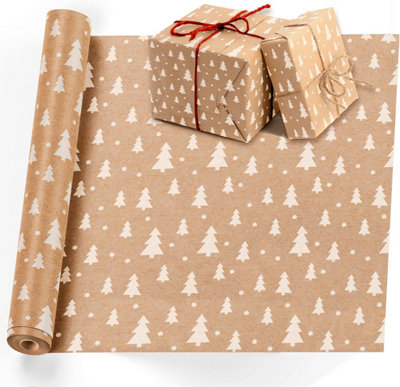 Kraft Wrapping Paper - 15M x 43CM Premium Gift Wrapping Paper Roll Trees Patterned with Strings - Brown Paper Roll Used as