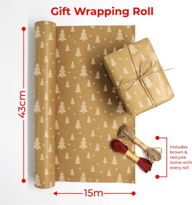 Kraft Wrapping Paper - 15M x 43CM Premium Gift Wrapping Paper Roll Trees Patterned with Strings - Brown Paper Roll Used as