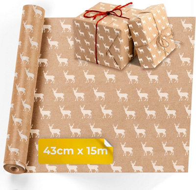 Kraft Wrapping Paper Roll 15M x 43CM Reindeer Print with Strings Multipurpose Brown Paper for Gifts, Crafts, Packing