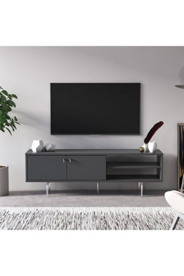 Kros TV Stand with 2 Shelves and 2 Cabinets, 140 x 35 x 45 cm TV Unit Table for TVs up to 60 inch, Anthracite