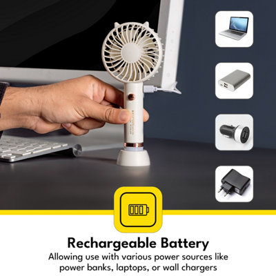 KRYPTON Rechargeable Mini Fan Personal Portable Fan & LED Light Electric USB Travel Fan, Cream