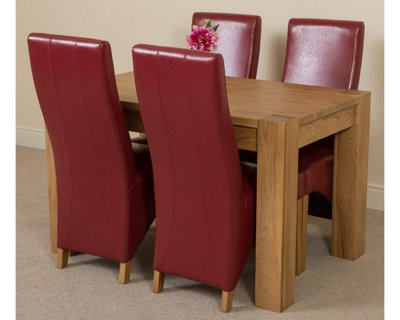 Kuba 125 x 80 cm Chunky Oak Small Dining Table and 4 Chairs Dining Set with Lola Burgundy Leather Chairs