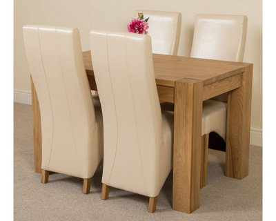 Kuba 125 x 80 cm Chunky Oak Small Dining Table and 4 Chairs Dining Set with Lola Ivory Leather Chairs