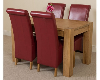 Kuba 125 x 80 cm Chunky Oak Small Dining Table and 4 Chairs Dining Set with Montana Burgundy Leather Chairs