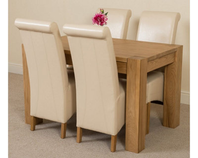 Kuba 125 x 80 cm Chunky Oak Small Dining Table and 4 Chairs Dining Set with Montana Ivory Leather Chairs