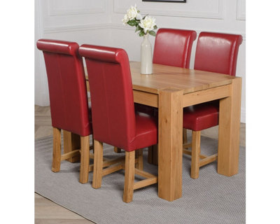 Kuba 125 x 80 cm Chunky Oak Small Dining Table and 4 Chairs Dining Set with Washington Burgundy Leather Chairs