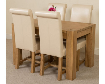 Kuba 125 x 80 cm Chunky Oak Small Dining Table and 4 Chairs Dining Set with Washington Ivory Leather Chairs