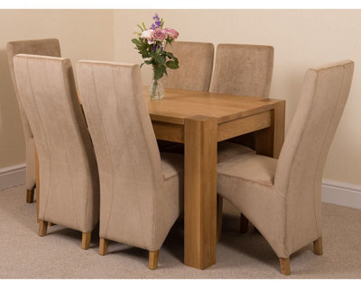 Kuba 125 x 80 cm Chunky Oak Small Dining Table and 6 Chairs Dining Set with Lola Beige Fabric Chairs