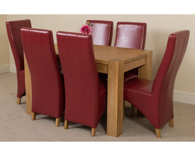 Kuba 125 x 80 cm Chunky Oak Small Dining Table and 6 Chairs Dining Set with Lola Burgundy Leather Chairs