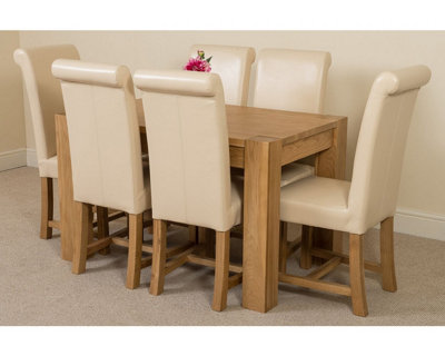 Kuba 125 x 80 cm Chunky Oak Small Dining Table and 6 Chairs Dining Set with Washington Ivory Leather Chairs