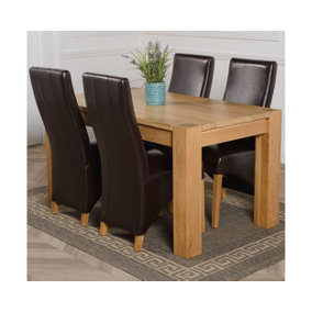 Kuba 150 x 85 cm Chunky Medium Oak Dining Table and 4 Chairs Dining Set with Lola Brown Leather Chairs