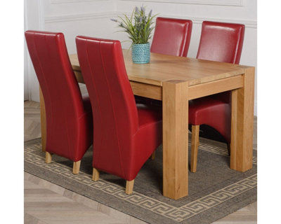 Kuba 150 x 85 cm Chunky Medium Oak Dining Table and 4 Chairs Dining Set with Lola Burgundy Leather Chairs