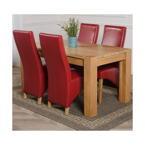Kuba 150 x 85 cm Chunky Medium Oak Dining Table and 4 Chairs Dining Set with Lola Burgundy Leather Chairs