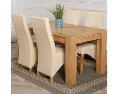 Kuba 150 x 85 cm Chunky Medium Oak Dining Table and 4 Chairs Dining Set with Lola Ivory Leather Chairs
