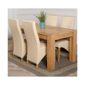 Kuba 150 x 85 cm Chunky Medium Oak Dining Table and 4 Chairs Dining Set with Lola Ivory Leather Chairs