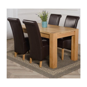 Kuba 150 x 85 cm Chunky Medium Oak Dining Table and 4 Chairs Dining Set with Montana Brown Leather Chairs