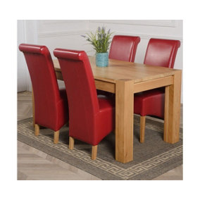 Kuba 150 x 85 cm Chunky Medium Oak Dining Table and 4 Chairs Dining Set with Montana Burgundy Leather Chairs