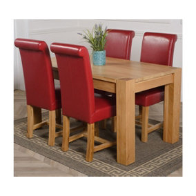 Kuba 150 x 85 cm Chunky Medium Oak Dining Table and 4 Chairs Dining Set with Washington Burgundy Leather Chairs