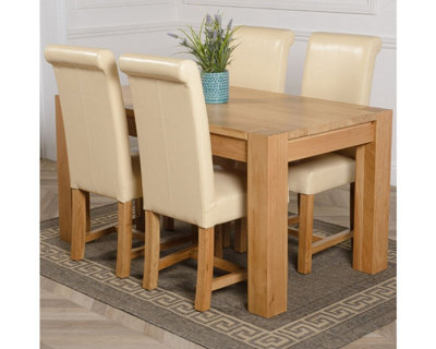 Kuba 150 x 85 cm Chunky Medium Oak Dining Table and 4 Chairs Dining Set with Washington Ivory Leather Chairs