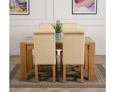 Kuba 150 x 85 cm Chunky Medium Oak Dining Table and 4 Chairs Dining Set with Washington Ivory Leather Chairs
