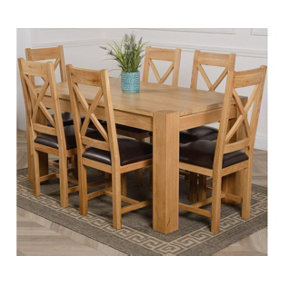 Kuba 150 x 85 cm Chunky Medium Oak Dining Table and 6 Chairs Dining Set with Berkeley Brown Leather Chairs