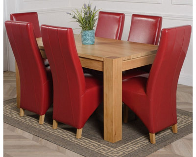 Kuba 150 x 85 cm Chunky Medium Oak Dining Table and 6 Chairs Dining Set with Lola Burgundy Leather Chairs
