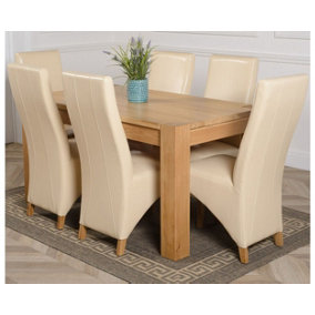 Kuba 150 x 85 cm Chunky Medium Oak Dining Table and 6 Chairs Dining Set with Lola Ivory Leather Chairs