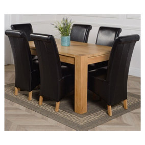 Kuba 150 x 85 cm Chunky Medium Oak Dining Table and 6 Chairs Dining Set with Montana Black Leather Chairs