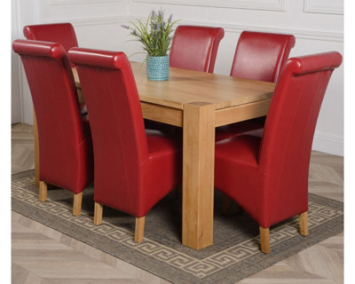 Kuba 150 x 85 cm Chunky Medium Oak Dining Table and 6 Chairs Dining Set with Montana Burgundy Leather Chairs