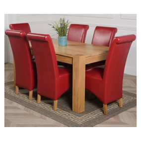 Kuba 150 x 85 cm Chunky Medium Oak Dining Table and 6 Chairs Dining Set with Montana Burgundy Leather Chairs