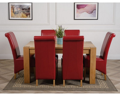 Kuba 150 x 85 cm Chunky Medium Oak Dining Table and 6 Chairs Dining Set with Montana Burgundy Leather Chairs