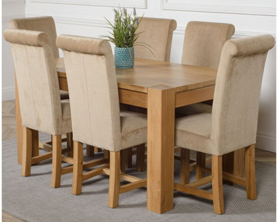 Kuba 150 x 85 cm Chunky Medium Oak Dining Table and 6 Chairs Dining Set with Washington Beige Fabric Chairs